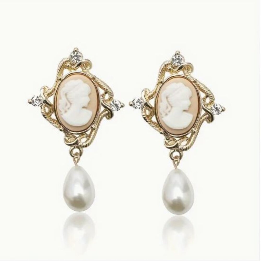 NEW Eliza Victorian Pink Cameo Pearl Drop Earrings - Picture 1 of 4